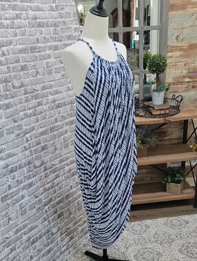 Midnight Navy and White Jersey Stretch Tie-Dye Halter Midi Dress Size M